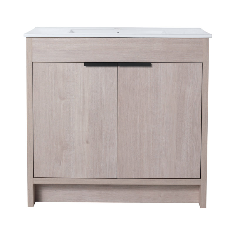 Meuble-lavabo autoportant avec lavabo en céramique blanche et 2 portes d'armoire à fermeture en douceur