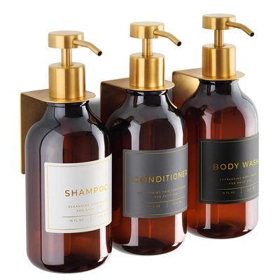 Shower Shampoo Dispenser Wall Mounted,3 Refillable Bottles With Stainless Steel Pumps & No-Drill Adhesive Holders,Soap Dispenser Set.(Amber/Gold)