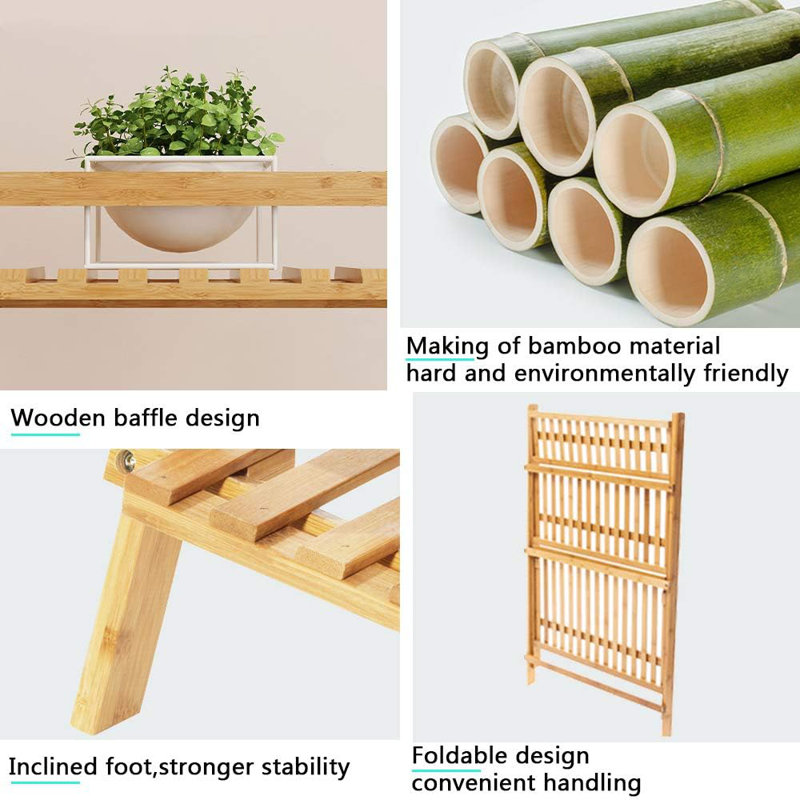 Présentoir à fleurs pliable en bambou à 3 niveaux pour l'intérieur et l'extérieur, Brun