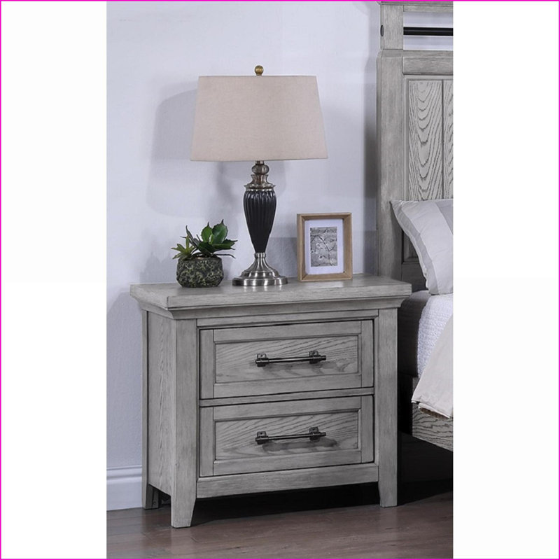 Light Gray Transitional 2-Drawer Wooden Bedroom Nightstand