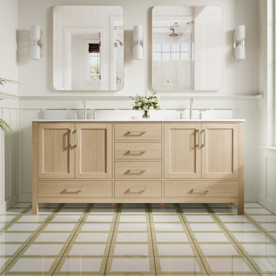Freestanding 80" W x 35" H Solid Wood Bathroom Vanity With Carrara White Cultured Marble Countertop And Ceramic Double Sink,Oak