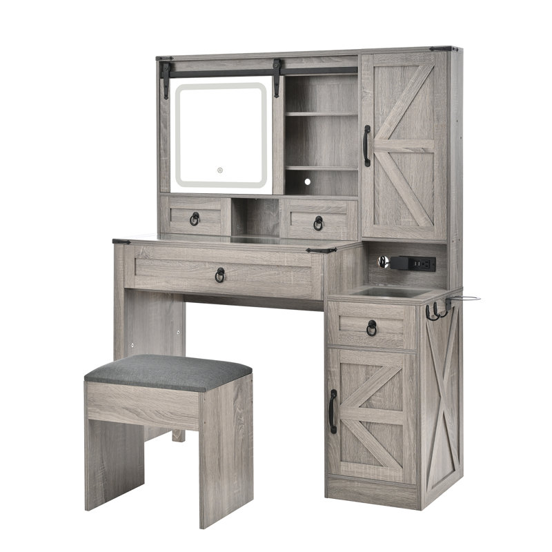 Elegant Farmhouse Makeup Vanities Vanity With Led Mirror, Wood, Storage And Charging Station For Bedroom