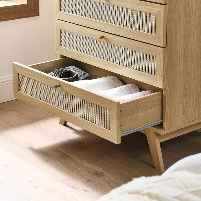 Soma Oak 5-Drawer Chest with Rattan Weave and Splayed Legs