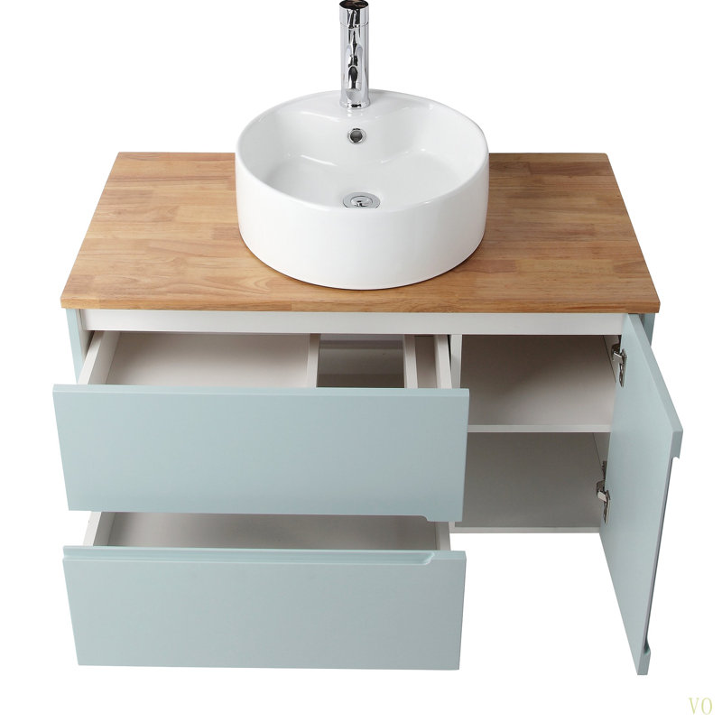 Armoire de meuble-lavabo mural 36 po à deux tiroirs + porte simple et plateau en bois massif, lavabo rond en céramique, design minimaliste moderne, pour salle de bain