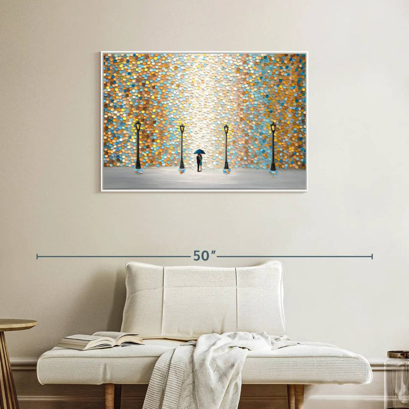Baiser sous la pluie dorée, Cadre flottant blanc, 37 po x 25 po