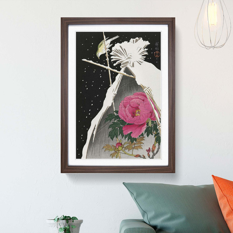 Siberian Bluechat Bird and Pink Peony by Ohara Koson - Picture Frame Painting Print, Walnut Framed, 36cm H x 27cm W x 2cm D