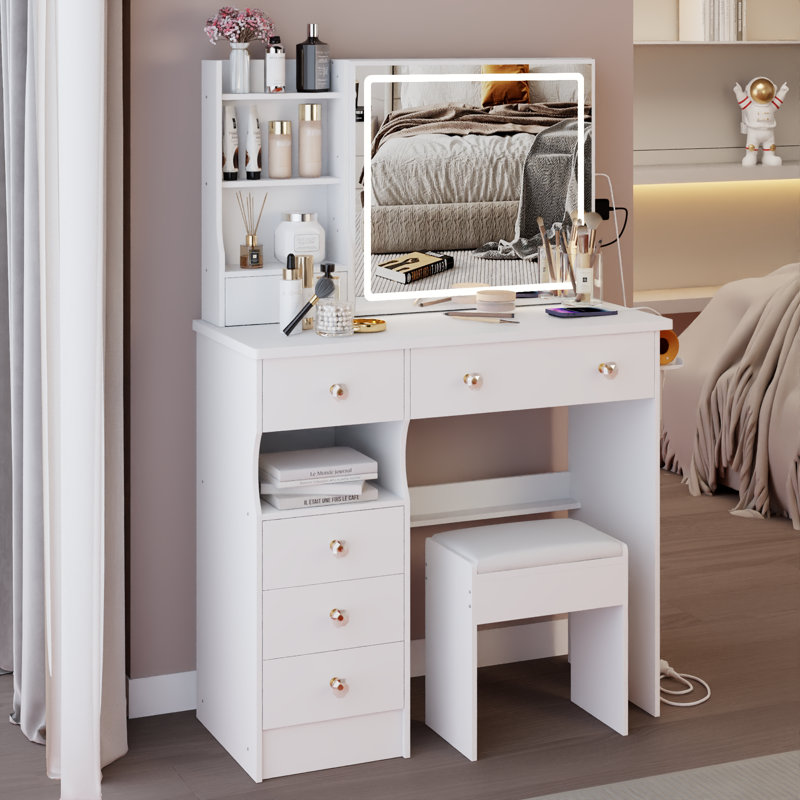 Ensemble de coiffeuse 37 "avec miroir coulissant à DEL et prise de courant - Ensemble de coiffeuse lumineuse avec tabouret