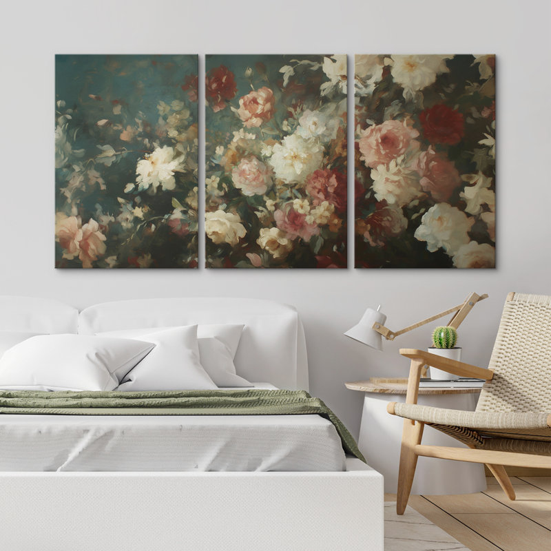 «Romantiques Floral Bouquet with Soft blanc and Blush Flowers», reproduction d'art sur toile encadrée 3 pièces, Toile tendue