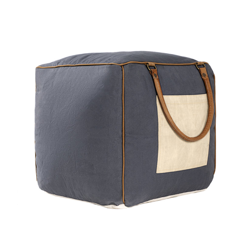 Abedin Cotton and Leather Handmade Ottoman Pouf, Blue