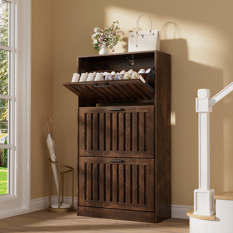 Shoe Storage Cabinet for Entryway with 3 Flip Drawers, Wooden Shoe Organizer with Adjustable Shelf, Freestanding Wood Fluted Panel Shoes Cabinet Closed Shoe Rack for Hallway, Foyer, Walnut