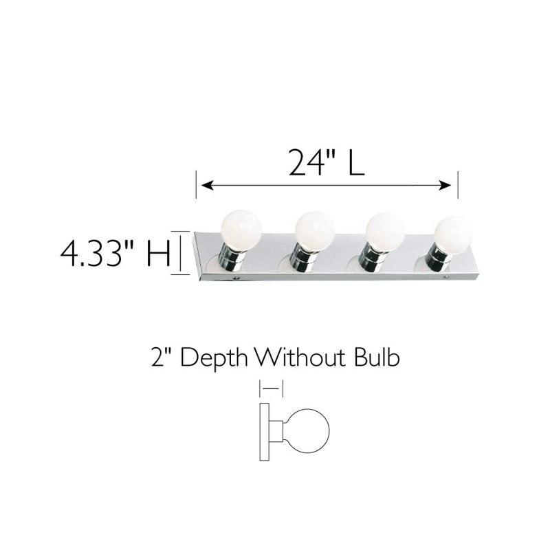 Vanity Lighting, Steel Construction, 4 Vanity Lights, Dimmable, Uses Four 60W Bulbs, Polished Chrome, 24.0 In. W X 4.3 In. H X 2.0 In.