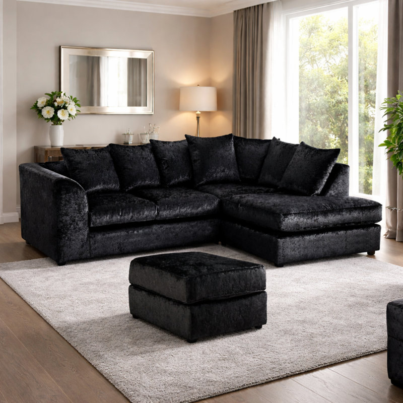 4 Seater Velvet Corner Sofa, Right Hand Facing, Black