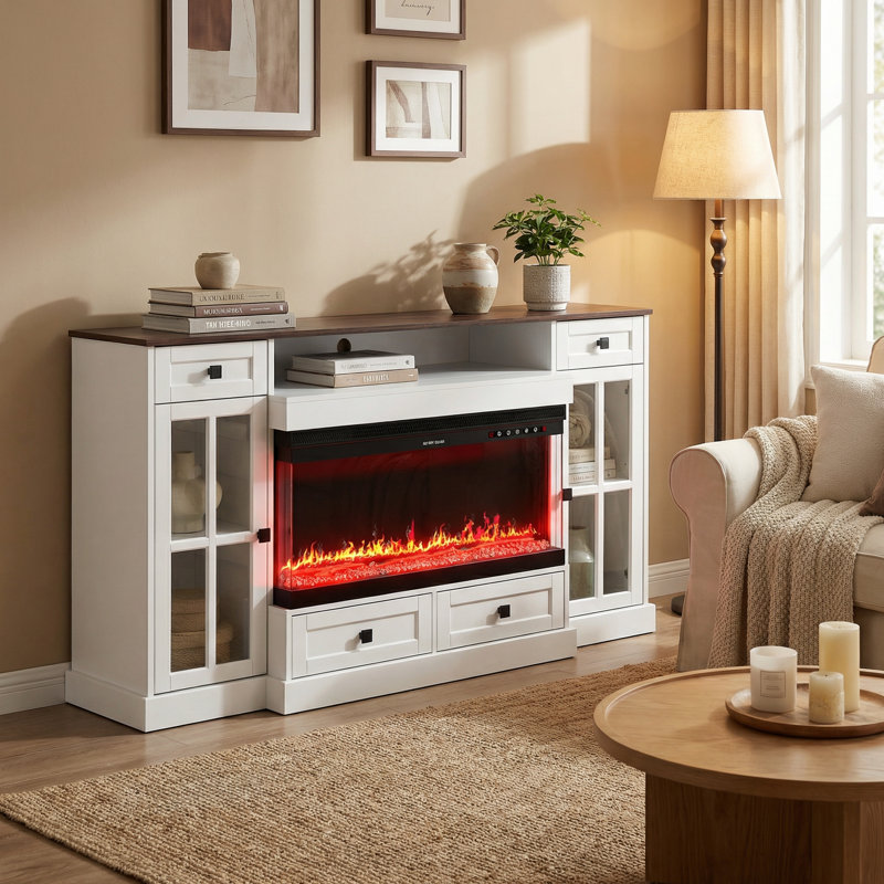 30-inch Electronic Fireplace With White TV Stand and Adjustable Light
