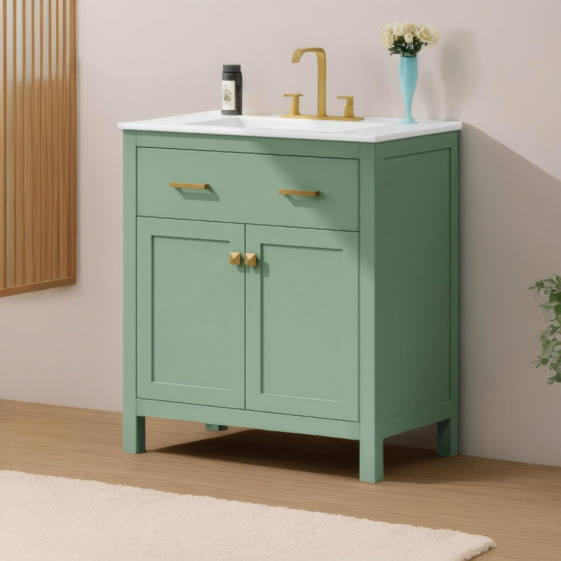 30"Modern Bathroom Vanity with Ceramic Sink, Green/Gold