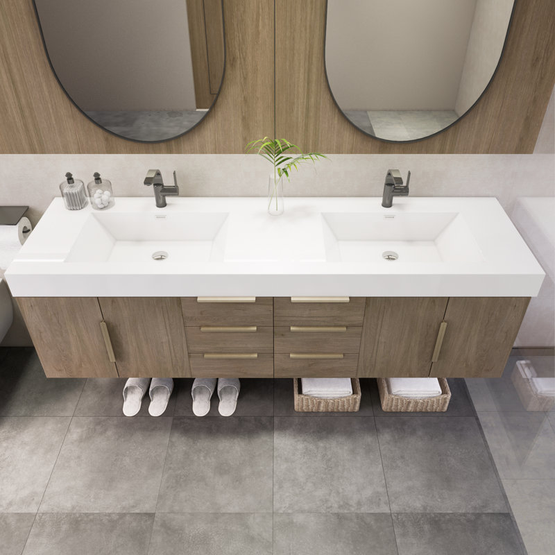Meuble-lavabo mural double 70,8 po avec plateau en acrylique renforcé Laramie, Chêne clair