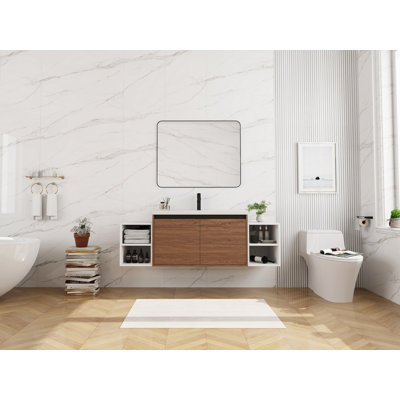 Ensemble de meuble-lavabo mural 60 po avec lavabo de comptoir en résine et 2 tablettes de rangement, 2 portes à fermeture douce (KD-Packing)