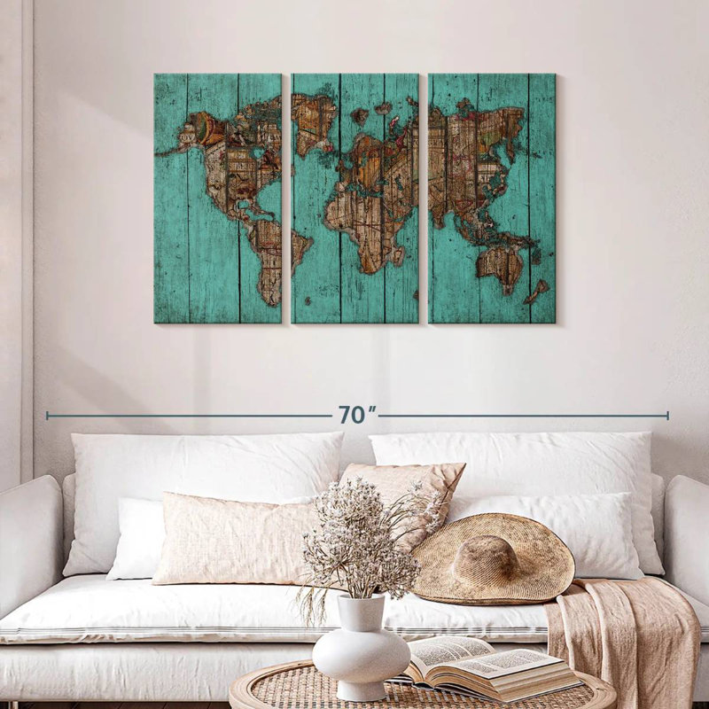Aliaz Wood Map Turquoise, 28" H x 45" W