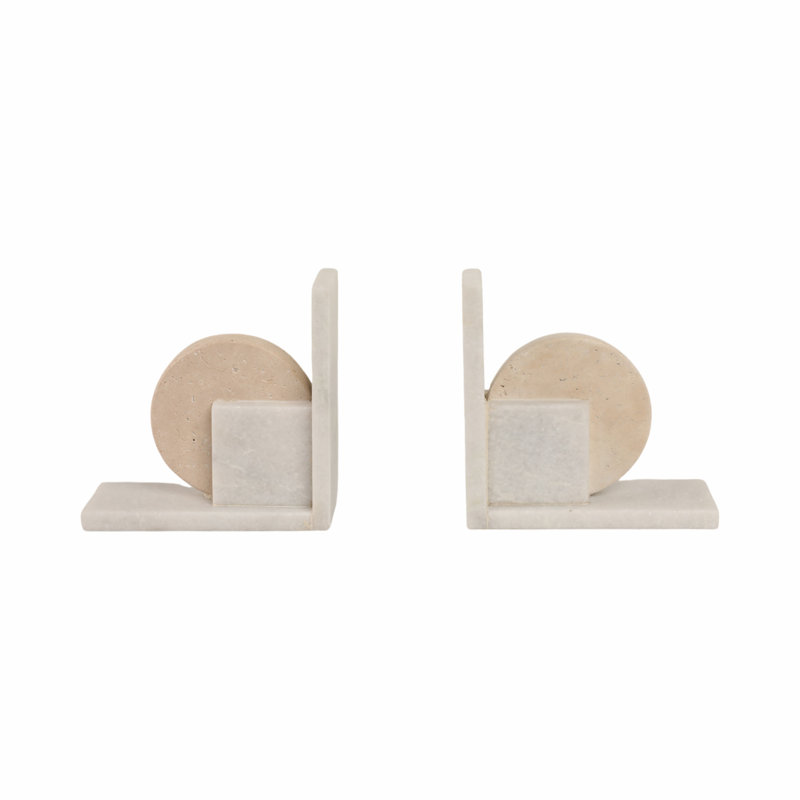 Geometric 6" Travertine & Marble Bookends Set