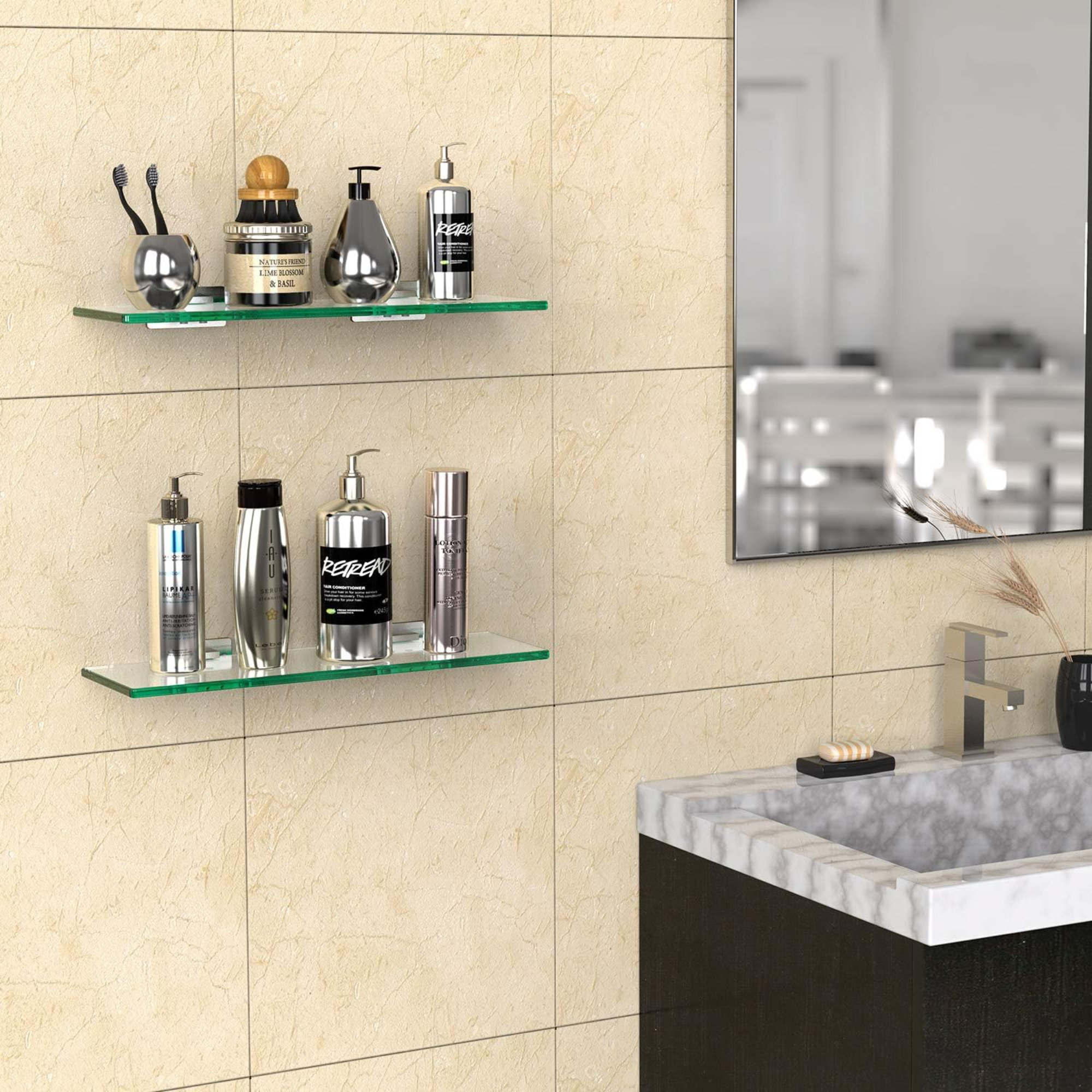 Orren Ellis 2 Sets Glass Shelves For Bathroom, No Drilling Shower Caddy ...
