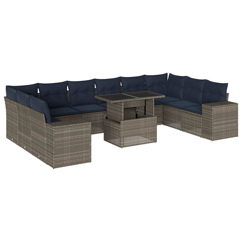 Ensemble de canapé de patio 11 pièces avec coussins en rotin de polyester, Gris, Marine