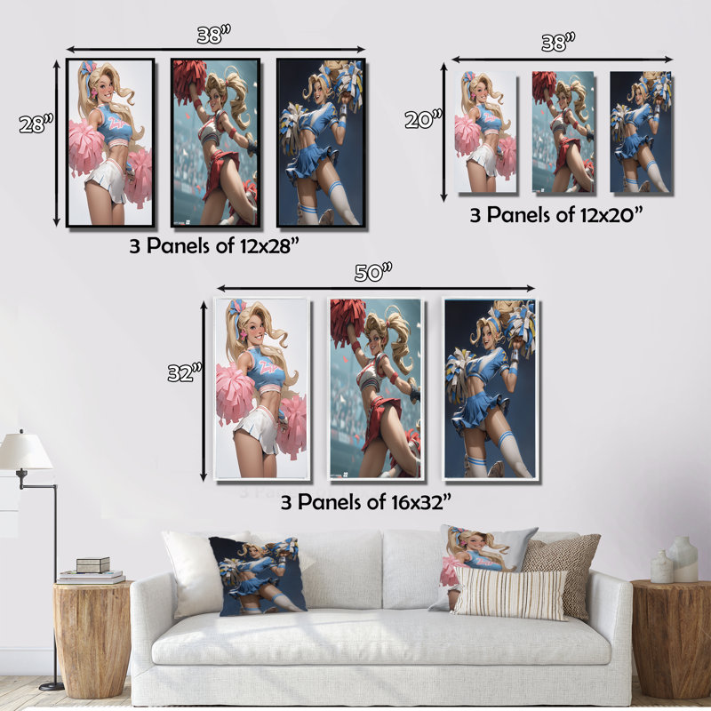 «Playful Dancing Cheerleader», 3 pièces sur toile, Cadre naturel flottant, H 40 po x l 60 po