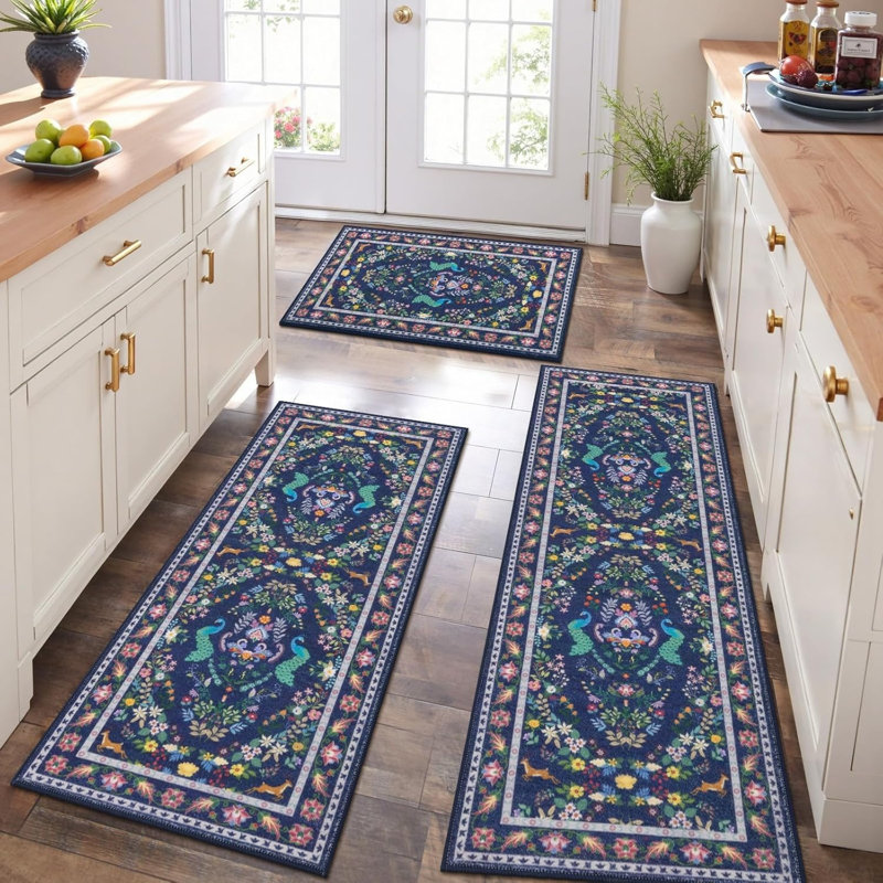 Ensemble de 3 tapis et tapis de cuisine Boho, Marine