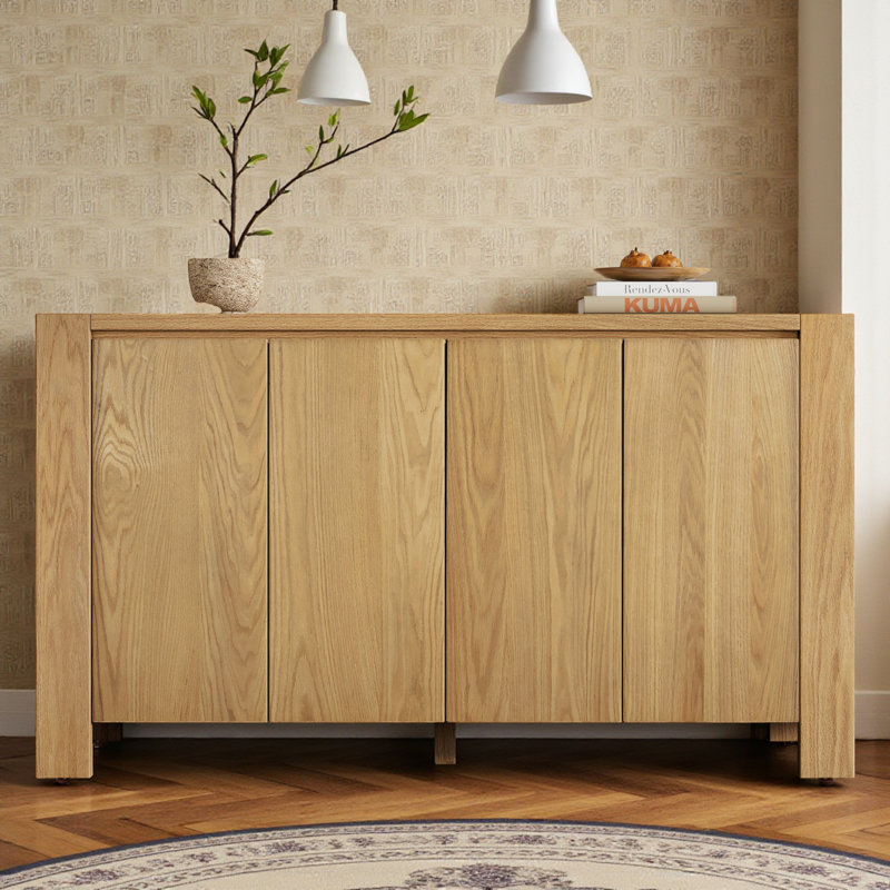Natural Wood 4-door Buffet Sideboard With Adjustable Shelves And Distressed Oak Finish, 59", Natural 1