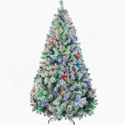 7.5Ft Tall Prelit Artificial Christmas Tree Holiday Décor With 1149 Snow Flocked Branches, 550 Warm White Or Colorful LED Lights, Steel Base
