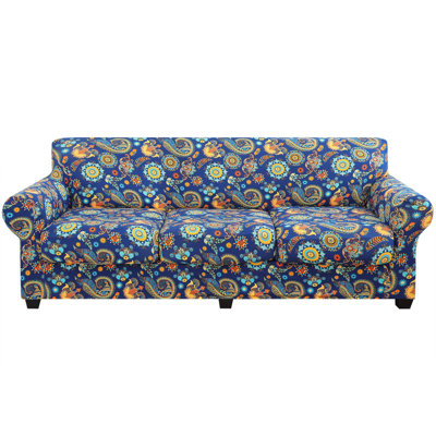 Couch Cover, Floral Pattern, Stretch, Printed,Sofa Slipcovers, For 3 Separate Cushion Couch, Washable Furniture Protector(Blue&Yellow/4 PCS) -  SEASONAL COLLECTIONS, LLC, 93809D7MQC3R