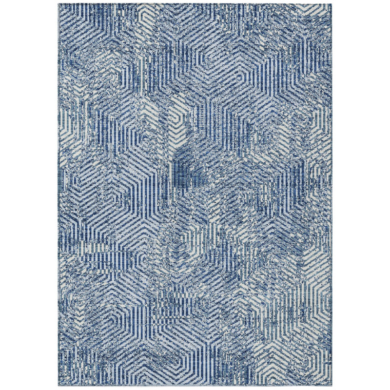3' X 5' Navy Blue Geometric Washable Indoor Outdoor Area Rug