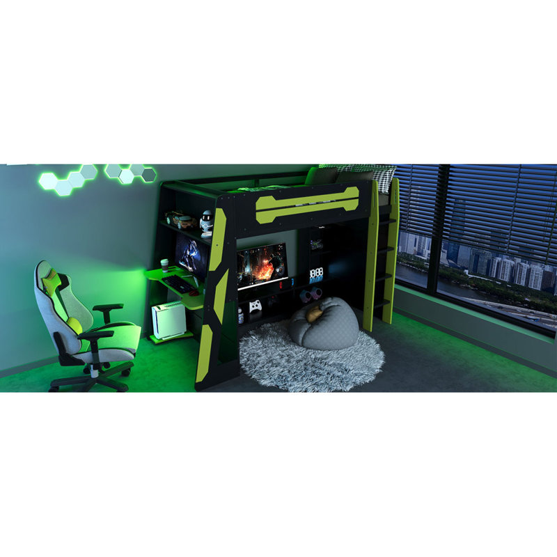 Lit mezzanine simple en bois avec bureau, tablettes multiples et lumière RVB, vert, Lit simple, Vert