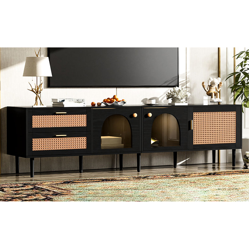 Meuble télé compatible avec téléviseur 80 pouces, design élégant, noir, avec rangements multifonctionnels.