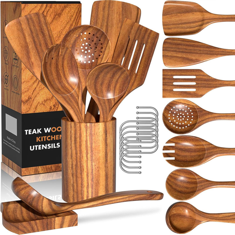Ensemble d'ustensiles de cuisine 9 pièces, ensemble d'ustensiles de cuisine en bois