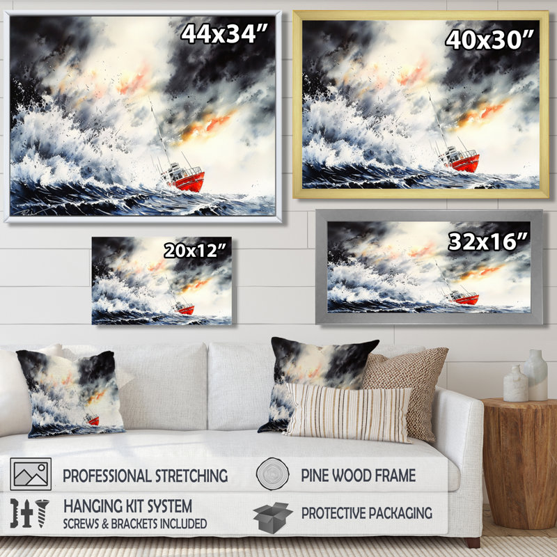 Bateau de pêche, temps orageux II, impression d'art mural, 12" H x 20" W, Picture Framed Print, Black
