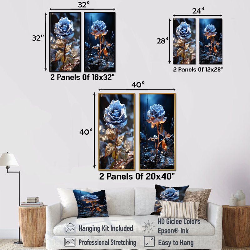 «Blue Serene Rose Water's Edge Harmony I», ensemble de 2 reproductions d'art sur toile, Encadrement doré, H 40 po x l 41 po