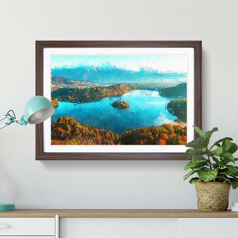 Lake Bled in Slovenia in Abstract - Picture Frame Graphic Art Print on MDF, 40cm H x 60cm W x 2cm D, Walnut