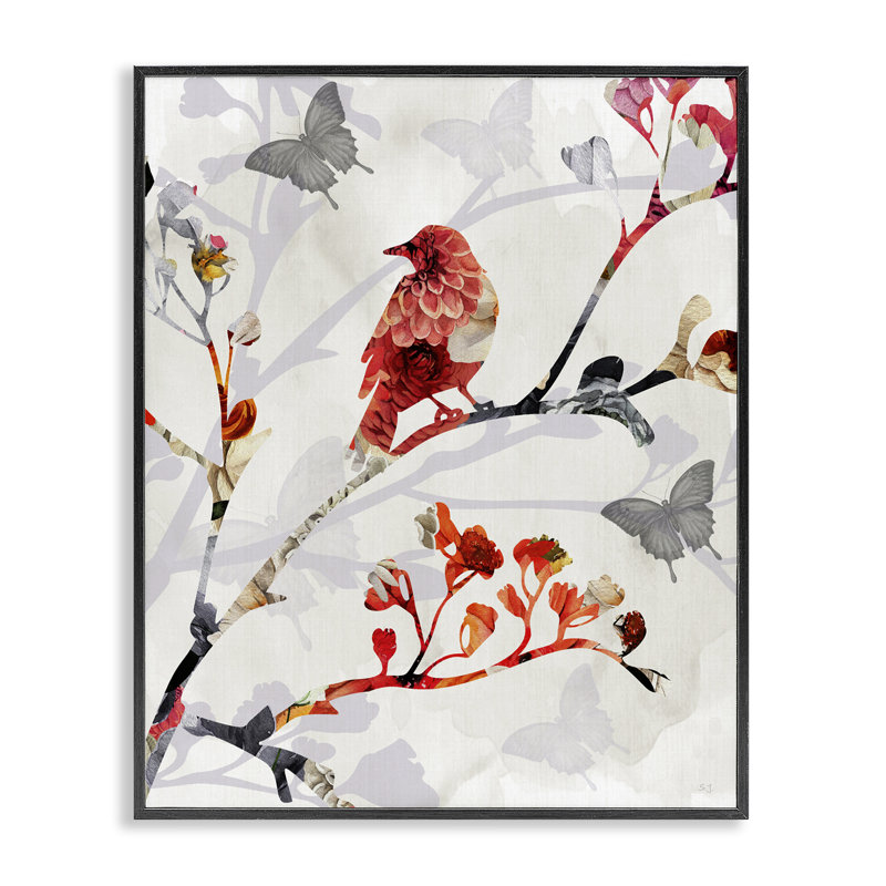 Giclée à motif d'oiseaux sur des branches par Susan Jill, Giclée encadrée noir minuit, H 14 po x l 11 po