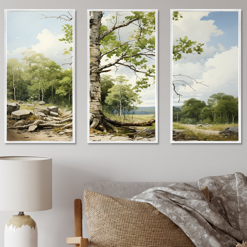 Birch Tree Forest Essence 2 - Art mural arbre, H 28 po x l 36 po x P 1 po, Cadre flottant blanc