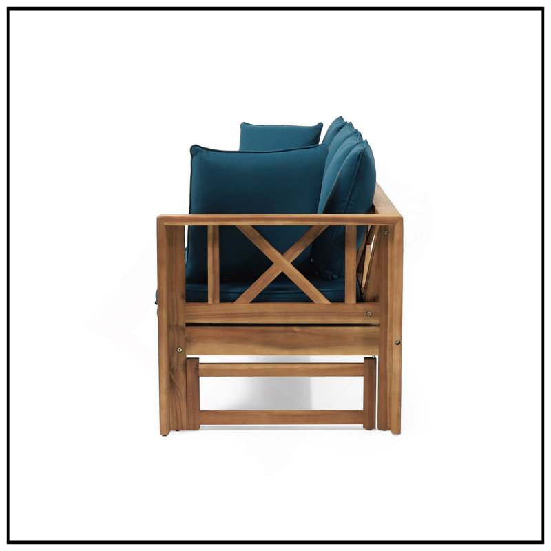 Long Beach Acacia Wood Daybed With Rustic X-Frame, Expandable Design, And Water-Resistant Cushions For Outdoor Relaxation