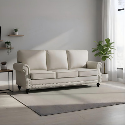 Traditional Velvet Sofa with Nailhead Trim and Solid Wood Turned Legs