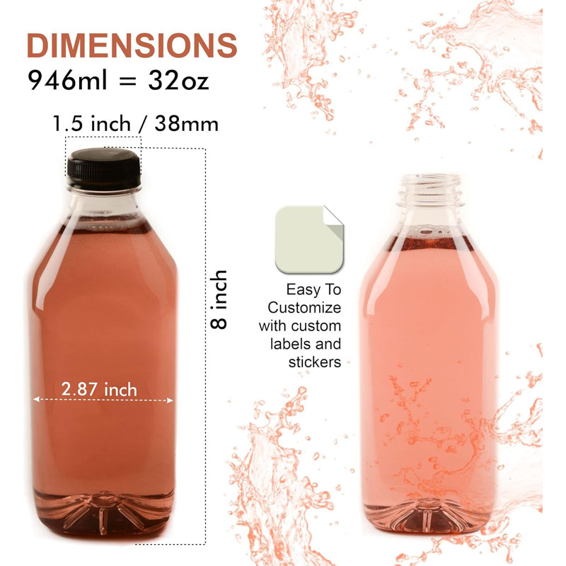 Bouteilles à jus en plastique transparent 32 oz avec capsules inviolables Ecoqualité - pour jus, lait, smoothies, pique-nique et préparation de repas (10)