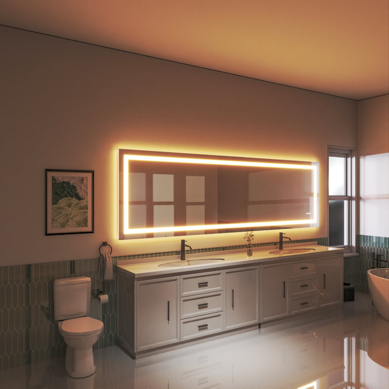 Led Bathroom Durable Tempered Mirror 72x 32, Dimmable Vanity Mirrors For Wall, Anti-fog, 3 Colors Adjustable, Memory, Double Led Lights ( Front And Backlit )