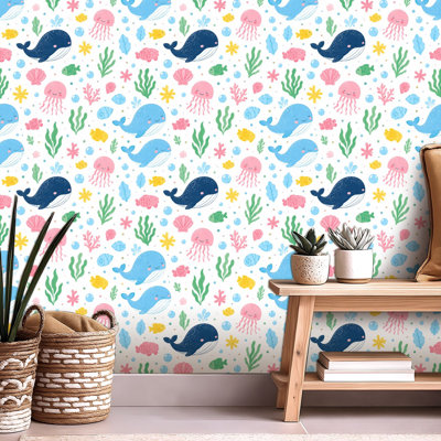 Peel and Stick Wallpaper Contact Paper Cute Underwater Marine Whales Self Adhesive and Removable 24in x 118in(60x300cm)