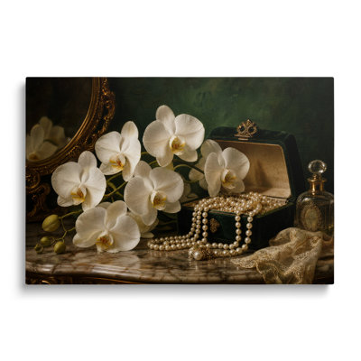 Peinture vintage d'orchidées blanches nacrées sur toile - 30 x 45 cm
