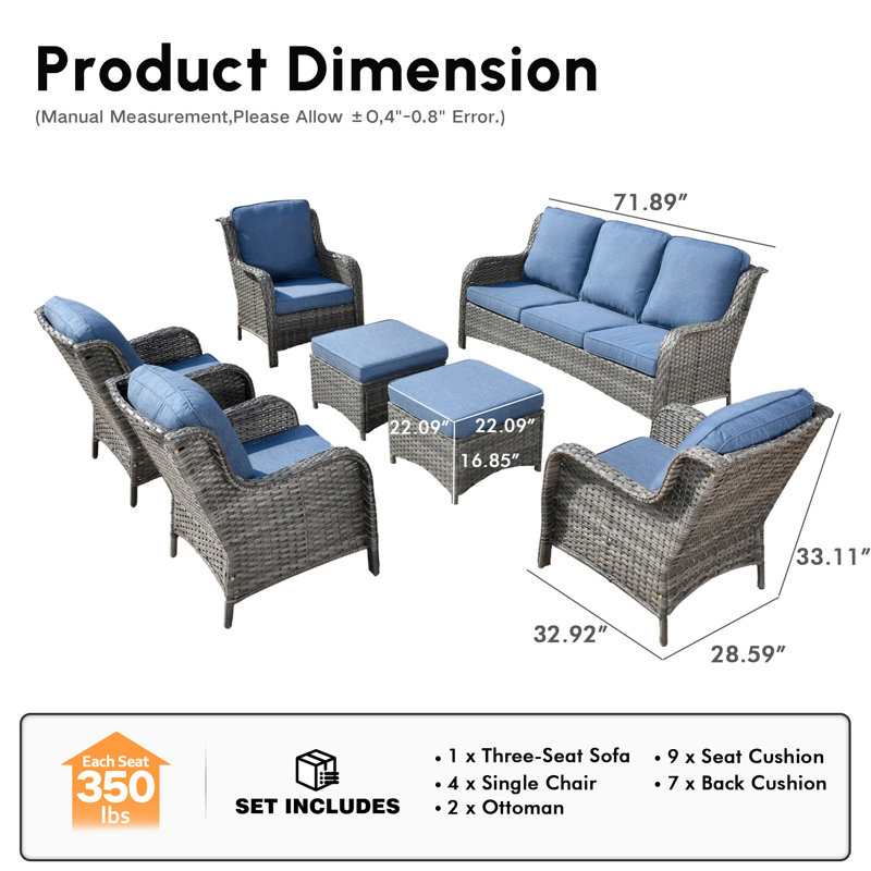 Wicker/Rattan 7 - Person Seating Group With Cushions, Blue Cushion/Gray Frame
