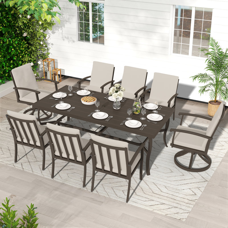 Houghton Colby Aluminum Patio Dining Set With 2 Swivel Dining Chairs, Dining Chairs And Washable Cushions, Dark Brown, 8