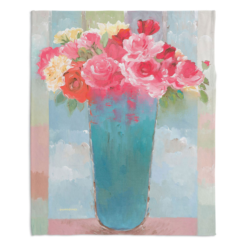 Couverture sherpa vase doux roses en bleu, l 51 po x L 60 po