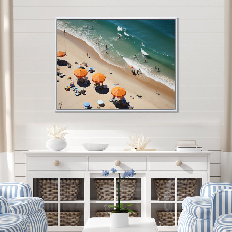 " Beach Umbrella Aerial View I ", White Floater Framed, 16" H x 32" W x 1" D