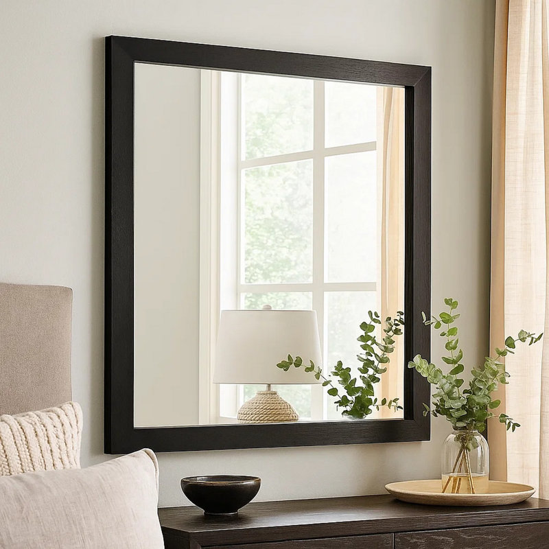 Miroir de commode Lati, verre biseauté, bois noir, carré de 40 pouces