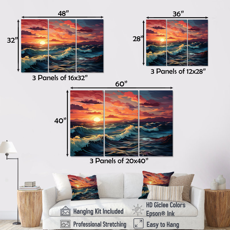 Rainbow Beach Sunset II - Ensemble de décoration murale océan, Toile tendue, H 40 po x l 60 po x P 1 po
